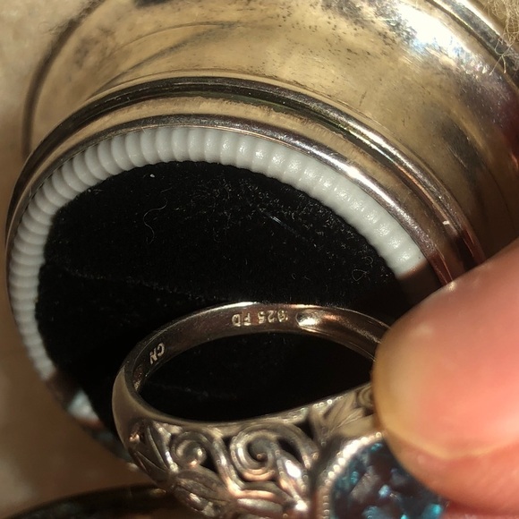 Vtg Sterling Silver & Blue Square Cubic Zirconia Floral Filirgree Band Sz 6.75 - Picture 10 of 12